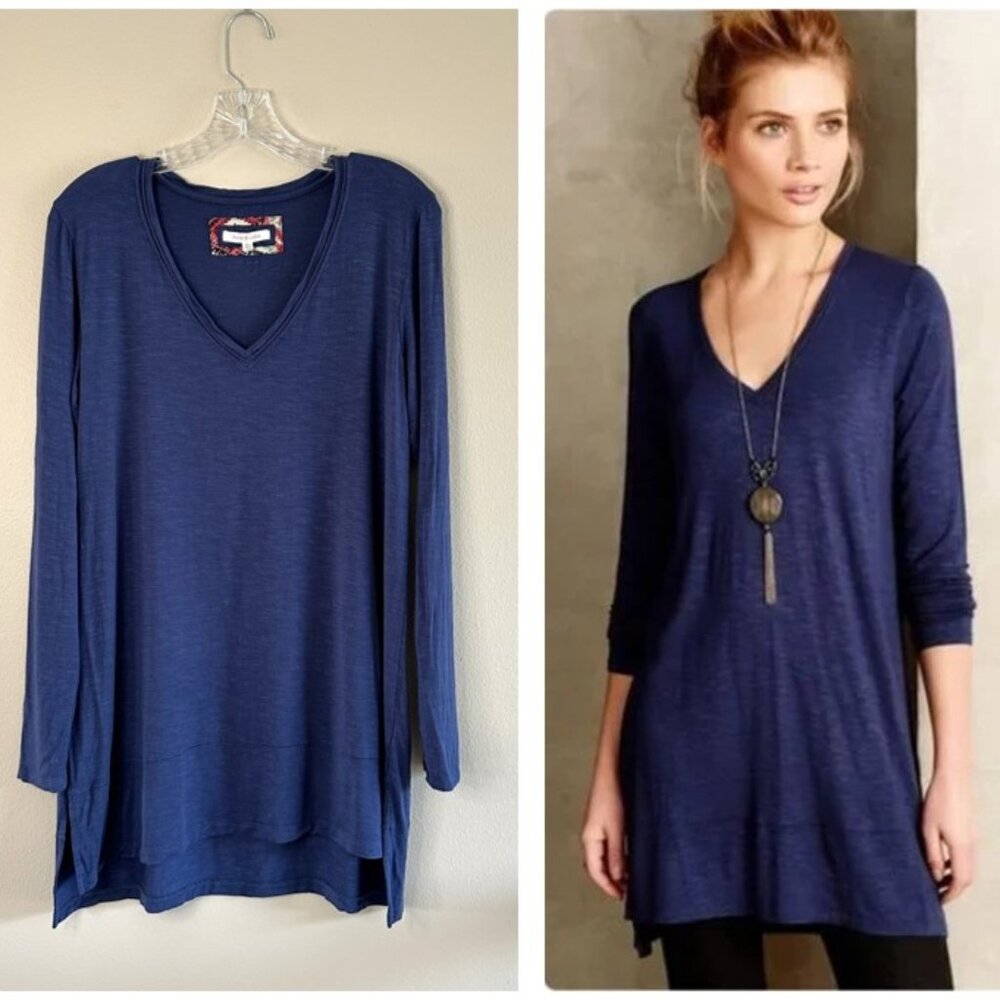 Anthropologie Pure + Good Long-Sleeve V-Neck Tunic Top Blue